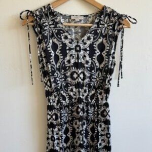 LOFT Black & White Printed Tie-Shoulder Dress | Sleeveless Midi | Size XS/S